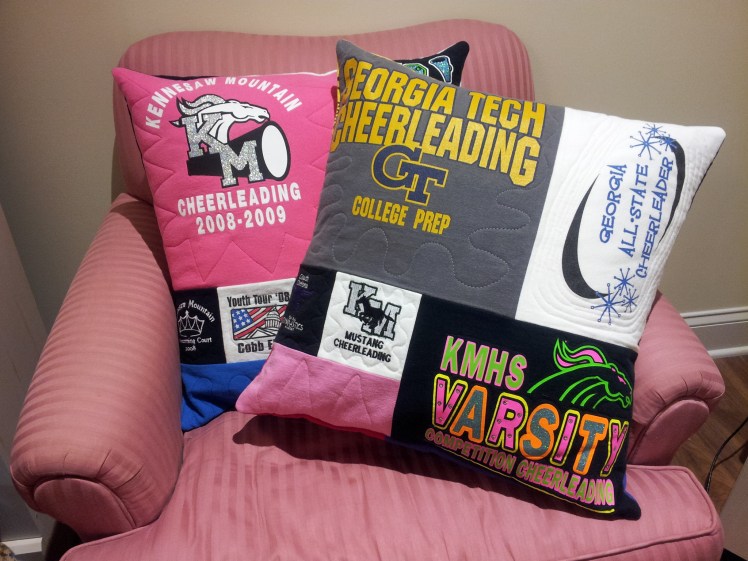 All Mixed Up (mosaic style) pillows made from t-shirts